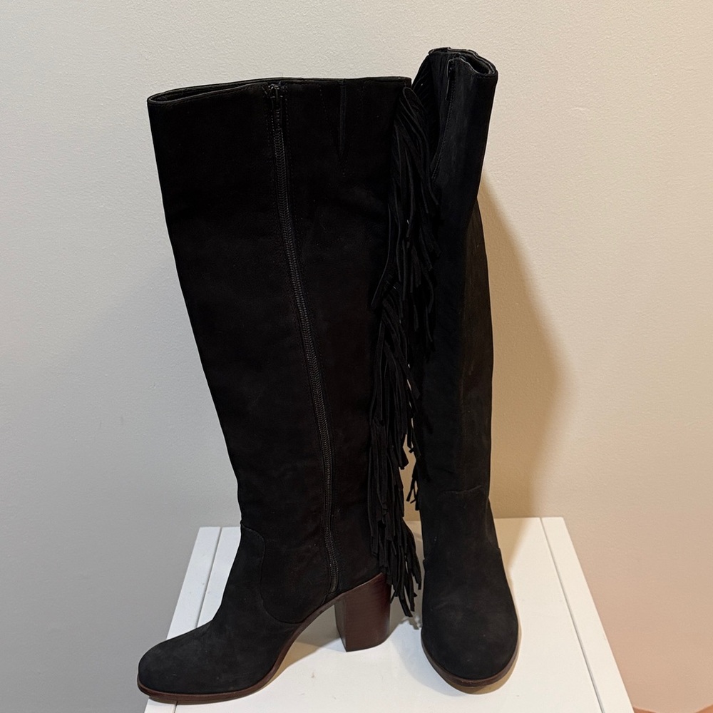 Gianni Bini Women's Black Suede  Knee High Fringe Boots Size 8